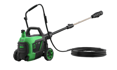 Compact green and black power washer with long wand and coiled hose