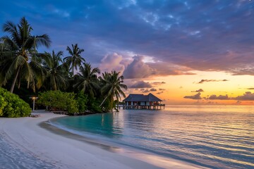 Fototapeta premium Idyllic Tropical Beach Sunset with Overwater Bungalow and Palm Trees sand white sand