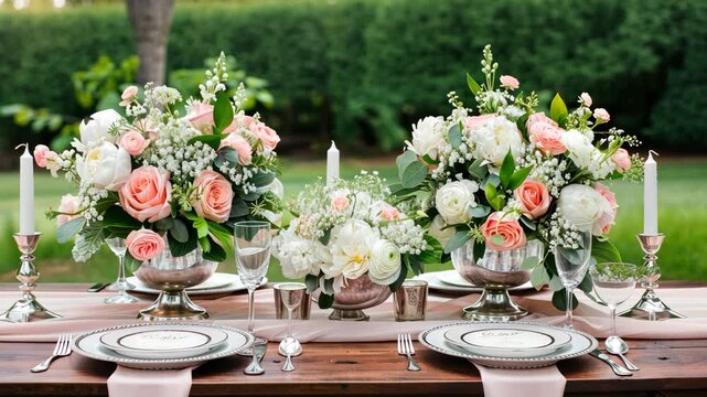 Beautiful floral arrangements of roses and greenery elevate a refined table setting at a lovely outdoor event