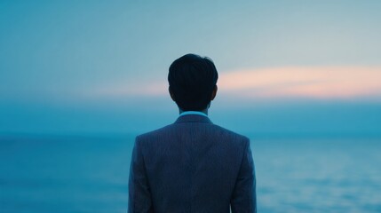 A man in a suit is standing on a beach looking out at the ocean