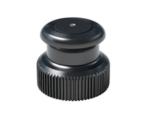 Close-up of a dark gray/black, round, threaded cap.  It has a smooth top section and a ridged bottom section.  Small central dot