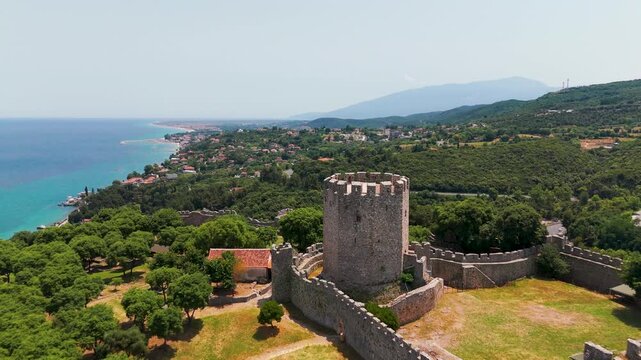 Aerial Drone Shot Of Historic Byzantine Castle Of Platamon In Platamon, Pieria, Macedonia, Greece On A Sunny Summer Afternoon.