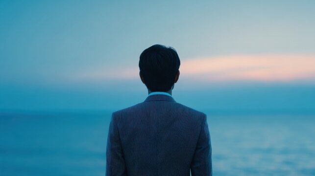 A man in a suit is standing on a beach looking out at the ocean