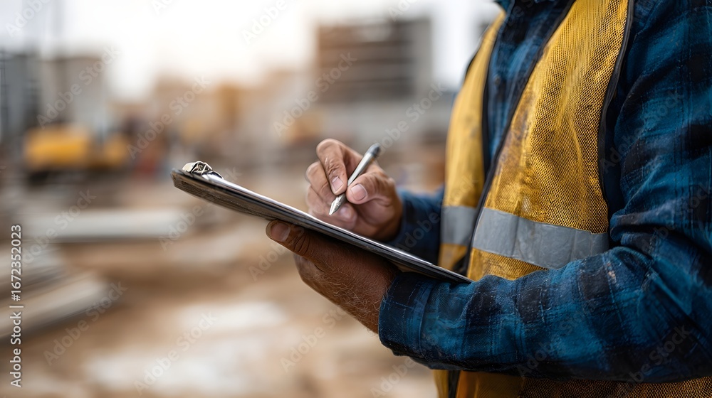 Poster builder checking construction site progress with clipboard