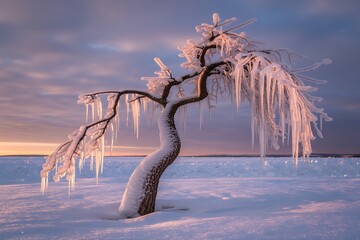 Frozen Tree Covered in Icicles During a Winter Sunset with Snow Covered Ground image photo
