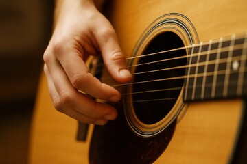 Fototapeta premium A close-up shot of a hand strumming the strings of an acoustic guitar.
