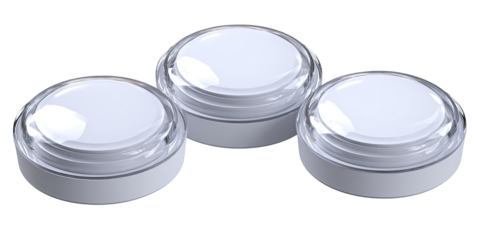 Three white round buttons with clear centers