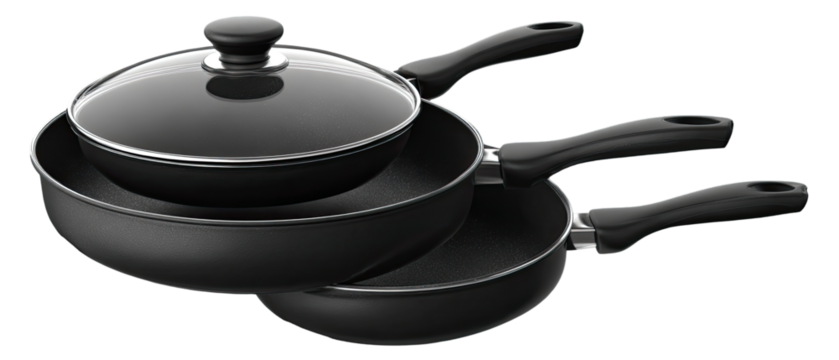 Stacked black cookware set with lids