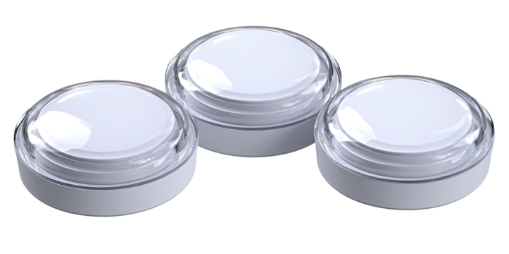 Three white round buttons with clear centers