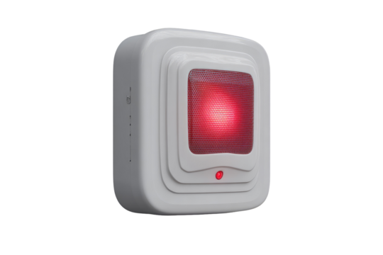 Square white security device with a red alert light