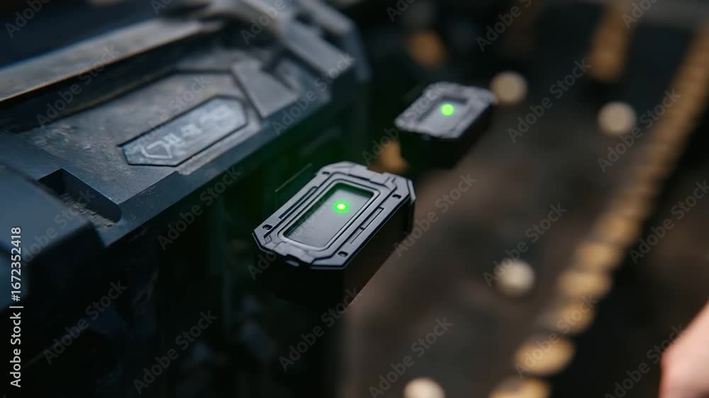 Poster modern industrial environment: scene of sustainable battery charging with led display and eco-friend