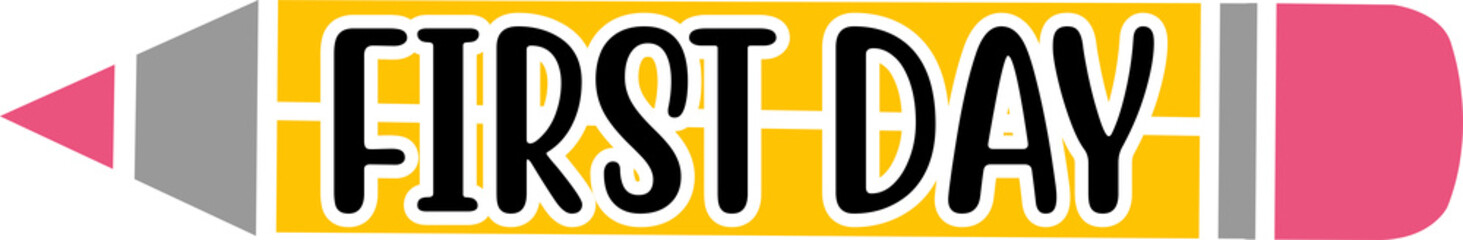 First Day back to school typography clip art design on plain white transparent isolated background for card, shirt, hoodie, sweatshirt, apparel, tag, mug, icon, poster or badge