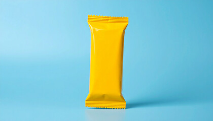 Yellow snack bar wrapper mockup on blue backdrop. Empty package, brand design.