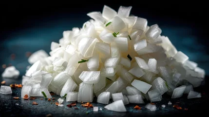 Chopped White Onions on Dark Surface with Touch of Condiments © Bhey