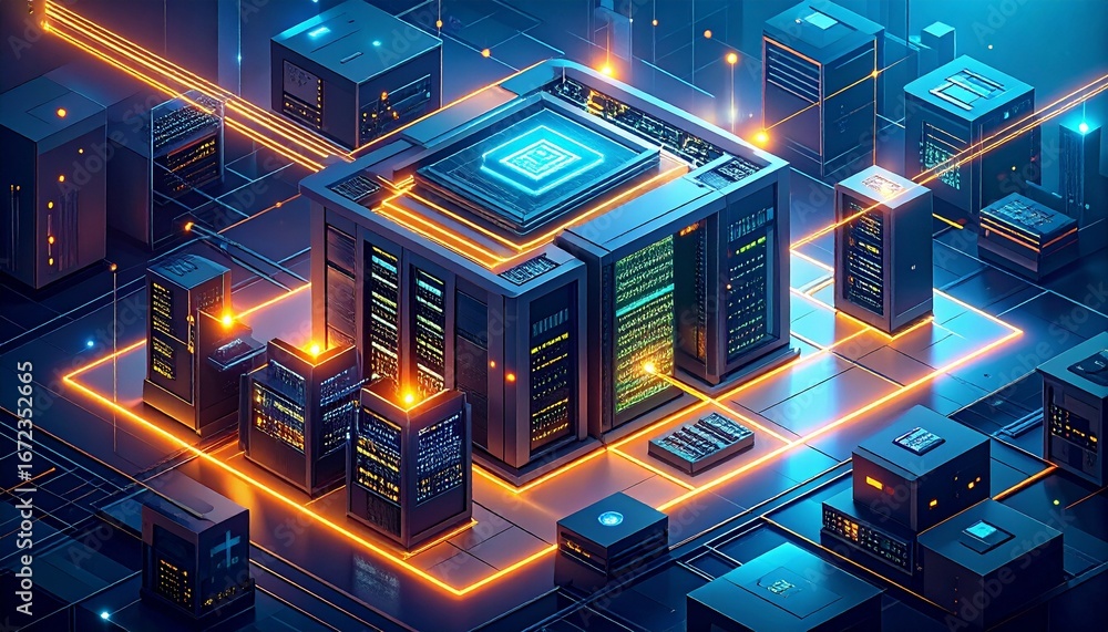 Aufkleber futuristic data center showcasing advanced ai technology and intricate network designs in a digital 