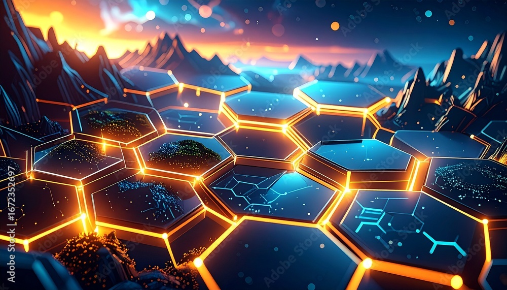 Aufkleber intricate artificial intelligence landscape with glowing hexagonal patterns and mountain backdrop at