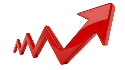 A red arrow pointing upwards with a zigzag pattern on a black background in a studio shot