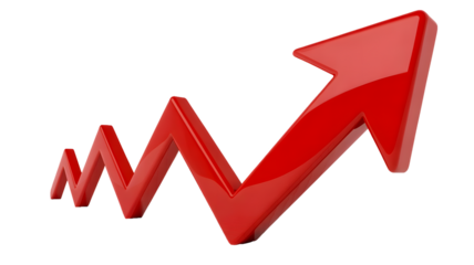 A red arrow pointing upwards with a zigzag pattern on a black background in a studio shot