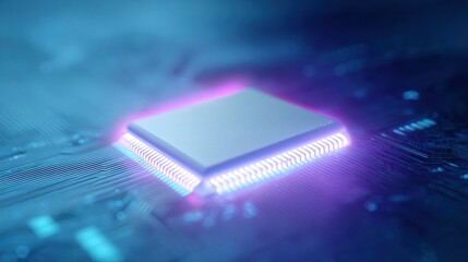 A computer chip is lit up in a blue background