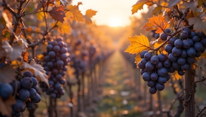 Raisins Purple M&ucirc;res sur Vigne avec Feuilles d'Automne Dor&eacute;es et Lumi&egrave;re du Soleil