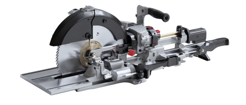 Detailed view of a circular saw with exposed internal components.  The saw features a  metallic chassis and a circular blade.  Parts are visible including mechanisms for blade control and support