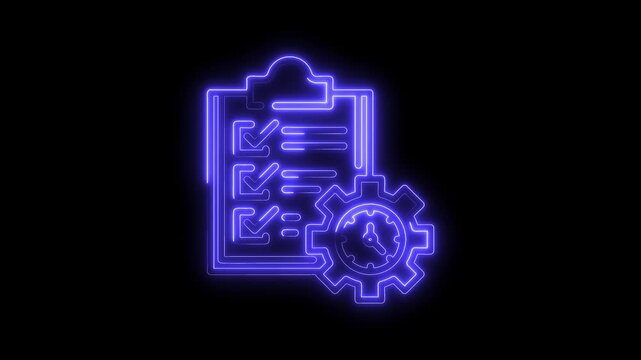 Glowing Neon Checklist Gear Icon Animation Isolated on Black Background for Project Management