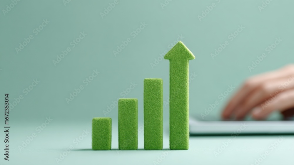 Poster a green block with a green arrow pointing upward is on a green background