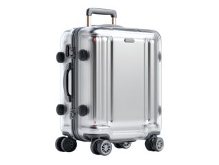Sleek, metallic silver travel suitcase with handles and wheels