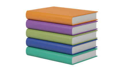 A stack of five colorful books with orange purple green blue and teal covers neatly piled together