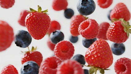 A variety of berries, including strawberries, raspberries, and blueberries, are floating in the air, conveying freshness, vitality, and a burst of fruity flavors.