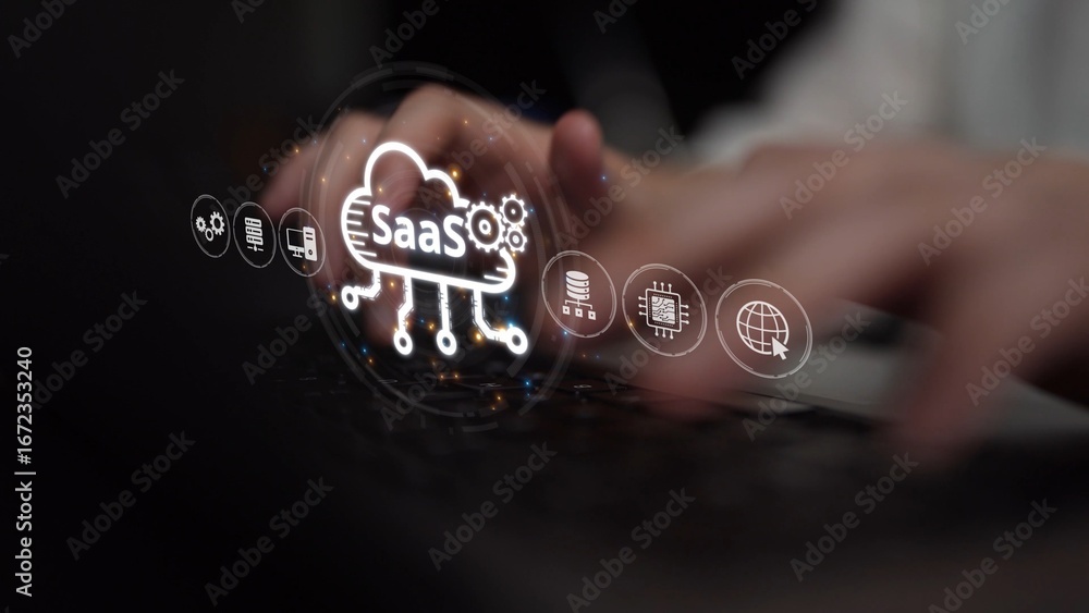 Poster visual representation of saas showing infrastructure, saas deployment, saas platform features, and s