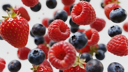 A variety of berries, including strawberries, raspberries, and blueberries, are floating in the air, conveying freshness, vitality, and a burst of fruity flavors.