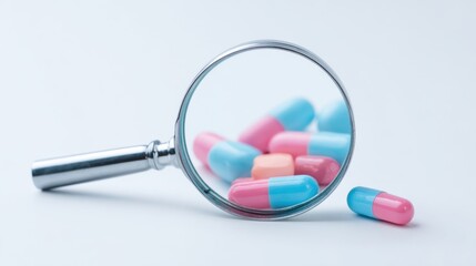 A magnifying glass is used to look at a pile of pills