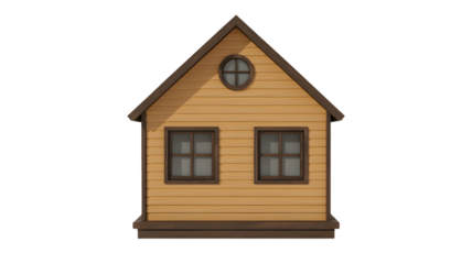 A front view of a small tan house with two windows and a round window on a black background