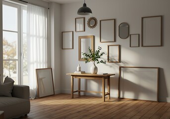 Modern Living Room Interior with Natural Light Wooden Furniture and Decorative Wall Art Frames Creating a Serene Atmosphere