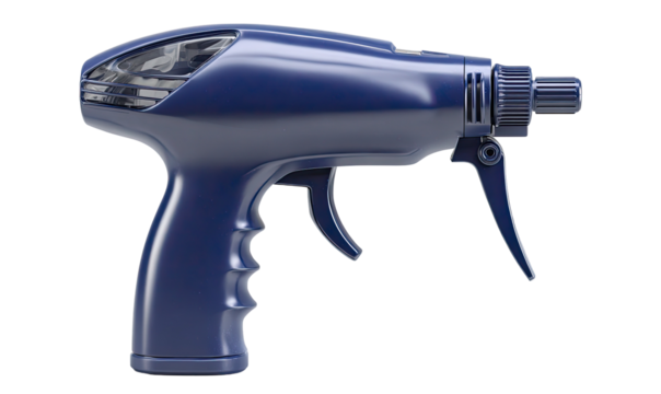 Side view of a futuristic, dark-blue, handheld device resembling a gun.  The device has a rounded, aerodynamic design and a nozzle at the end.