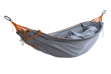 Gray hammock with orange accents.  The hammock is suspended, featuring a gray fabric body, and orange straps/hardware. A padded liner is visible inside