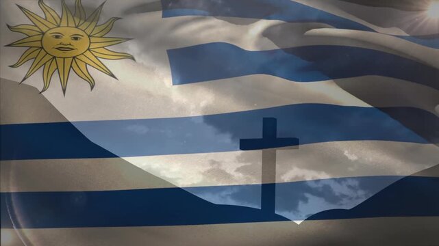 Animation of christian cross and flag of uruguay