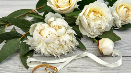 Two wedding rings are beautifully displayed alongside fresh white flowers and delicate ribbon, creating a romantic atmosphere