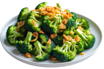 Broccoli florets with crispy fried onions isolated on transparent background