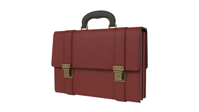 A maroon briefcase with a black handle and brass latches on a black background in a studio shot