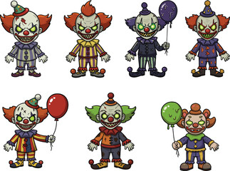 PrintCreepy Evil Clown Vector Set with Balloons, Halloween Horror Costume Characters, Scary Circus Clowns Illustration for Spooky Designs