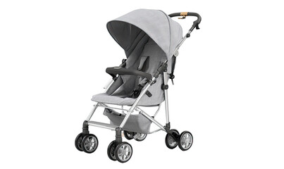 Light gray stroller with a canopy.  Compact, modern design.  Features comfortable seat,  adjustable handles, and wheels