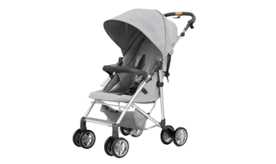 Light gray stroller with a canopy.  Compact, modern design.  Features comfortable seat,  adjustable handles, and wheels