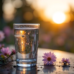 Refreshing glass of water at sunset, surrounded by flowers
