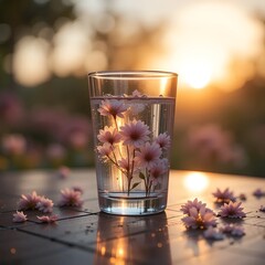 Refreshing glass of water at sunset, surrounded by flowers