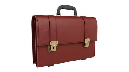 A brown leather briefcase with gold clasps and a black handle against a black background in a studio shot