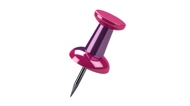 A close up shot of a pink and purple push pin with a metal point on a black background studio shot