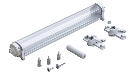 Cylindrical lighting fixture parts laid out