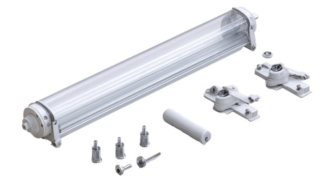 Cylindrical lighting fixture parts laid out